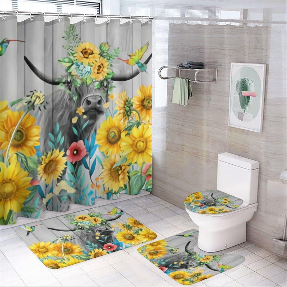 Kuizee 4-Piece Sunflower Bath Set with Shower Curtain and Rugs