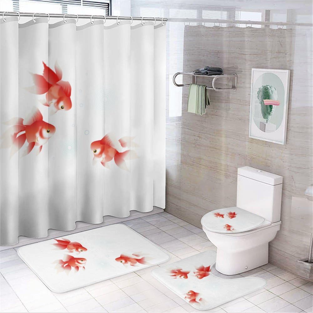 Kuizee 4-Piece Shower Curtain Set with Rugs Red Goldfish Design