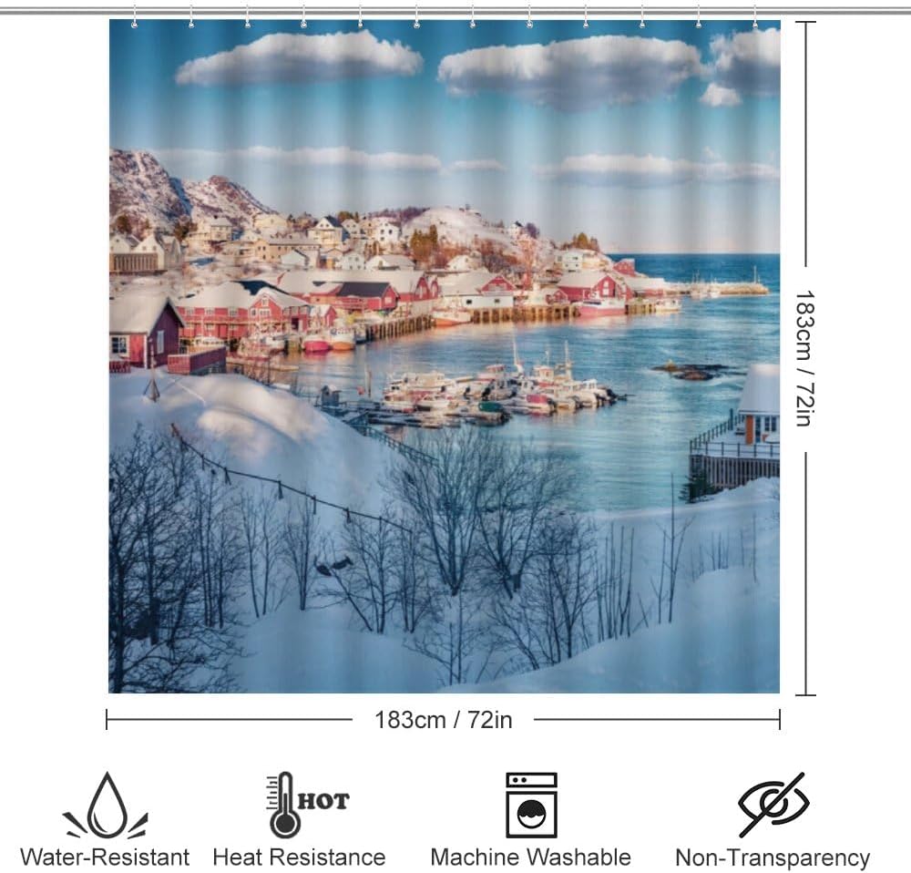 Kuizee 4 Piece Winter Scene Shower Curtain Set with Rugs and 12 Hooks