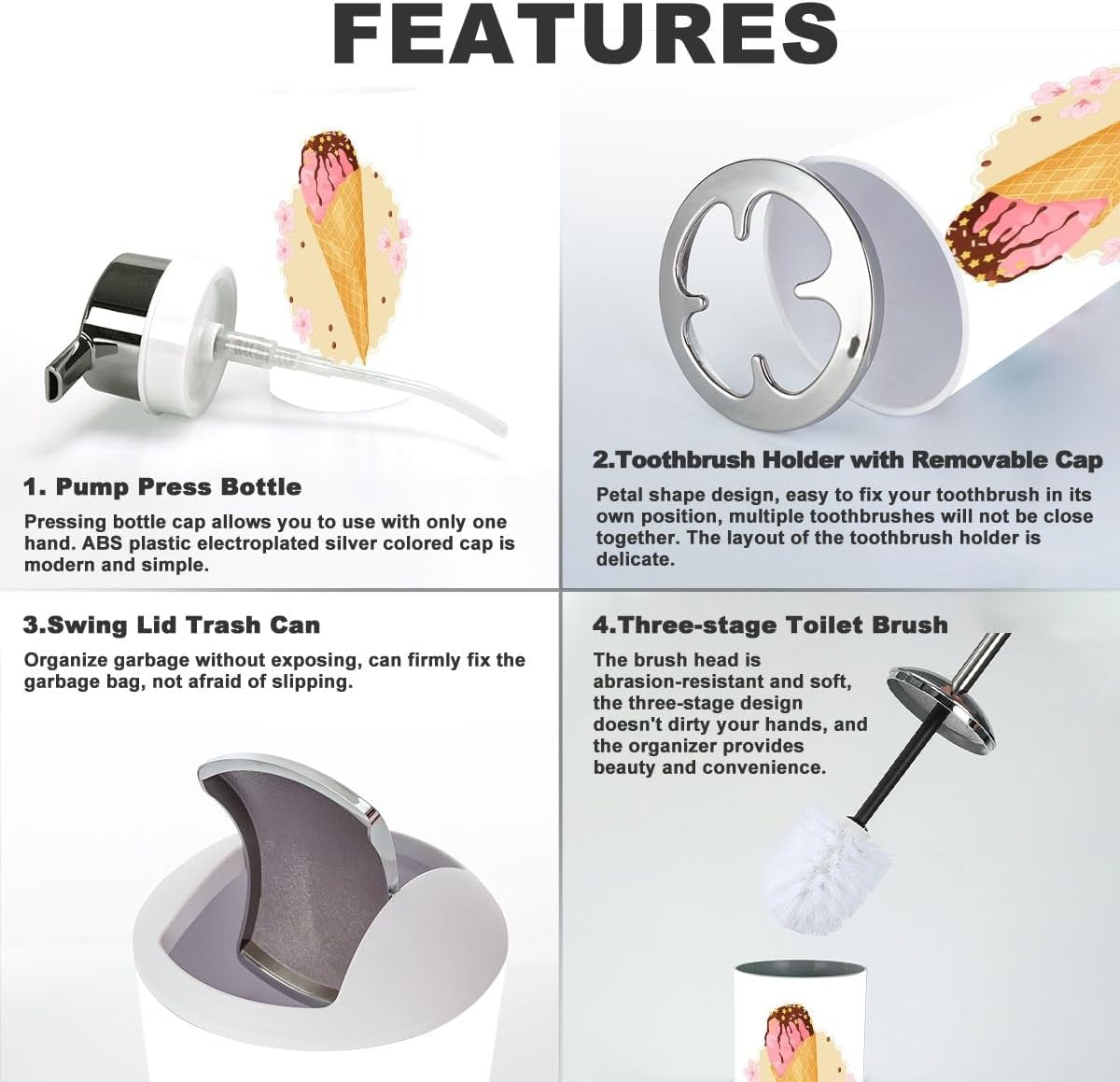Modern 6-Piece Bathroom Accessories Set with Ice Cream Cone Design