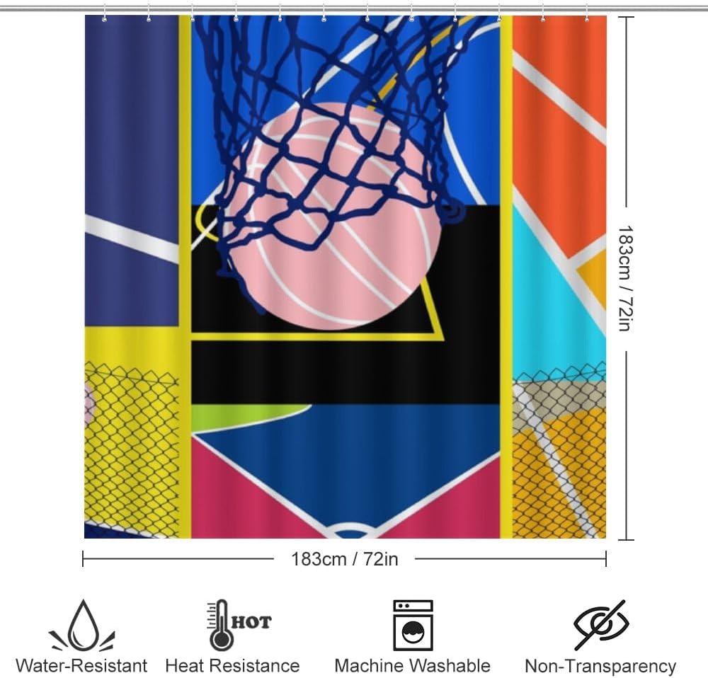 Kuizee 4-Piece Basketball Court Shower Curtain Set with Rugs