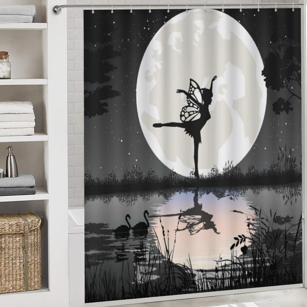 Kuizee 4 Piece Fairy Moon Shower Curtain Set with Non-Slip Rugs