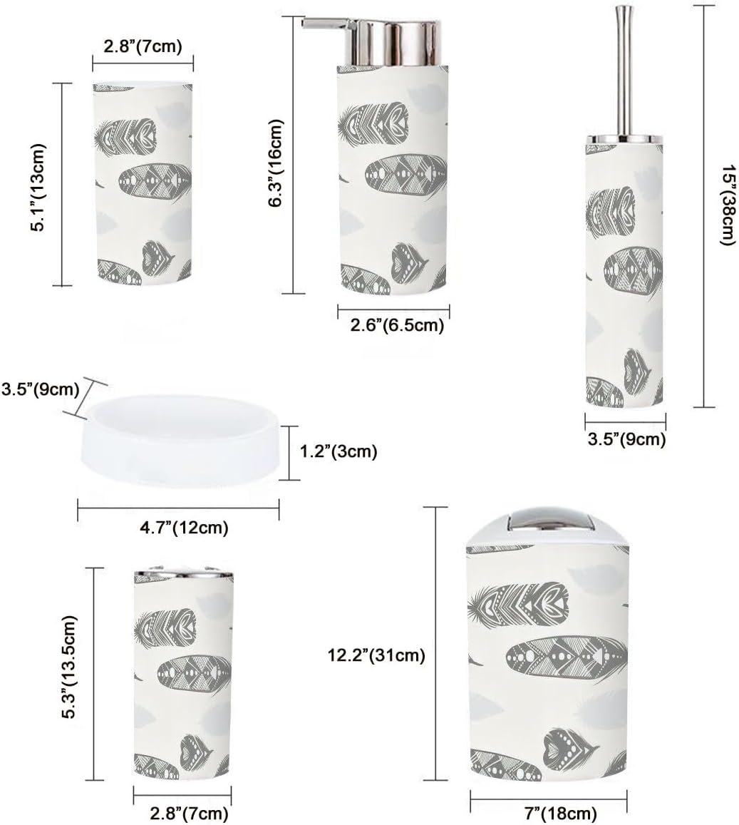 6 Pcs Bathroom Accessories Set with Feather Silhouettes Design