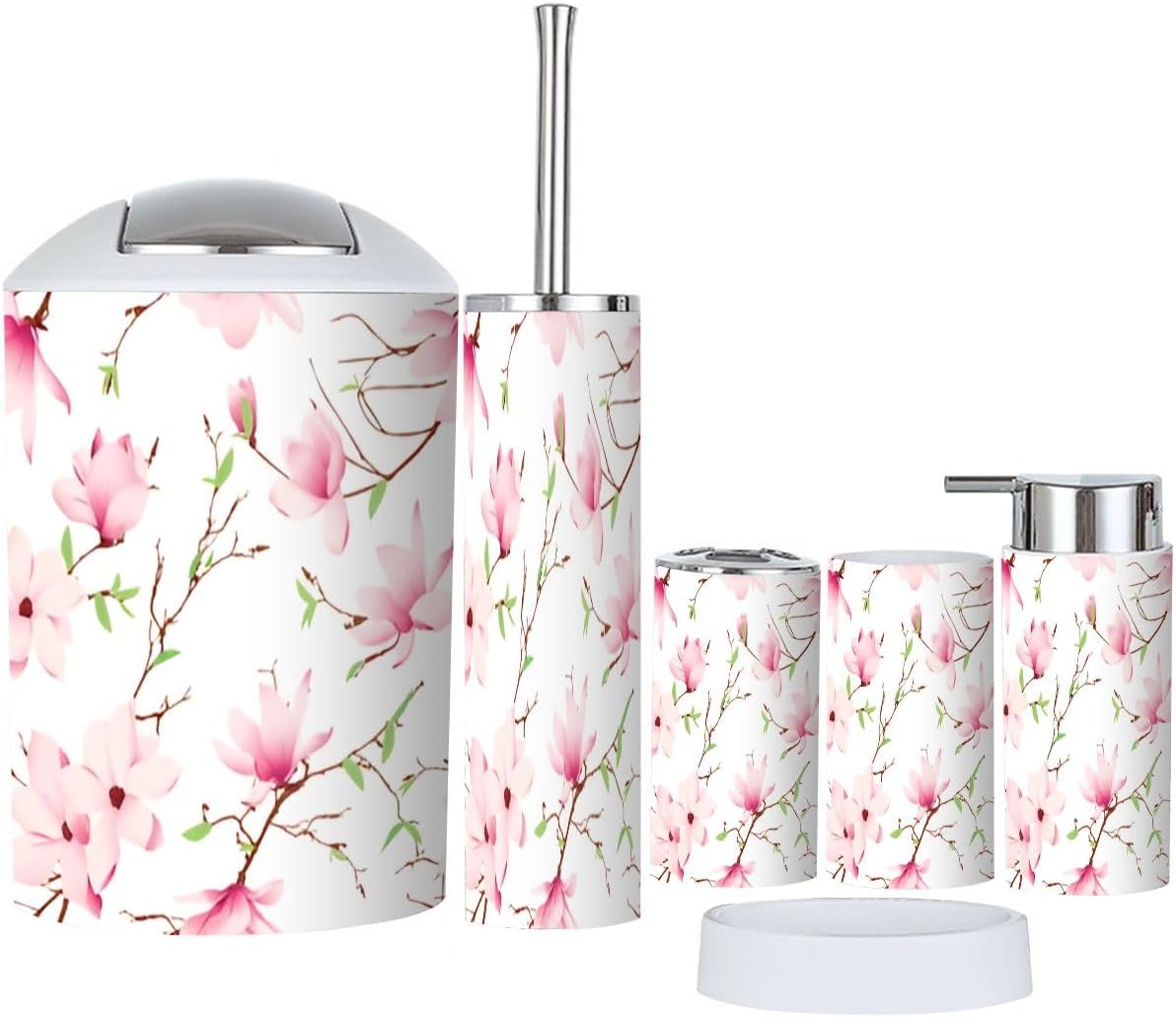 Bathroom Accessories Set 6 Pcs Spring Magnolia Flowers