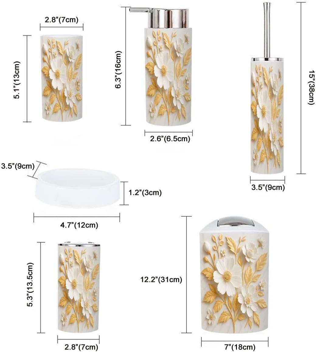 Boho White Gold 3D Flowers Bathroom Accessory Set 6 Piece