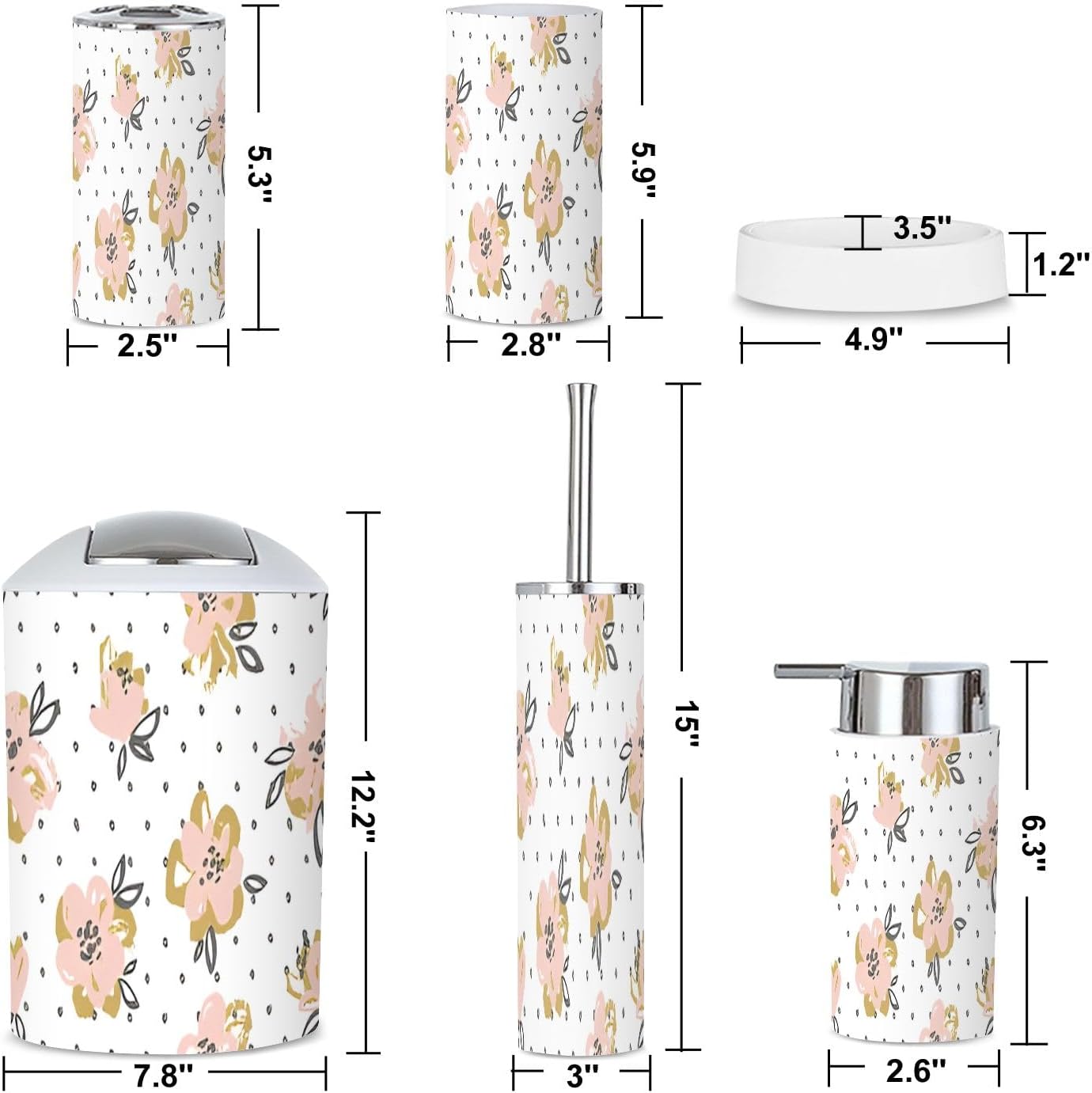 6 Piece Bathroom Accessory Set Pink Gold Floral Design