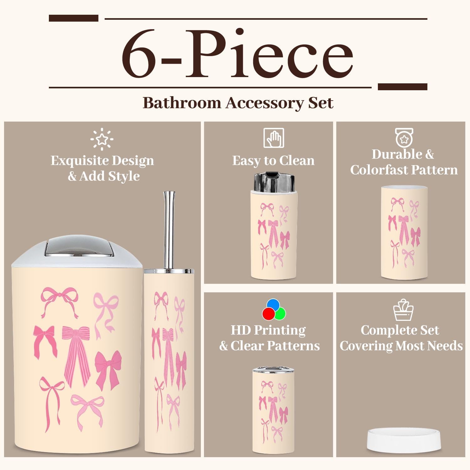 6 Piece Boho Bathroom Accessories Set with Seamless Print