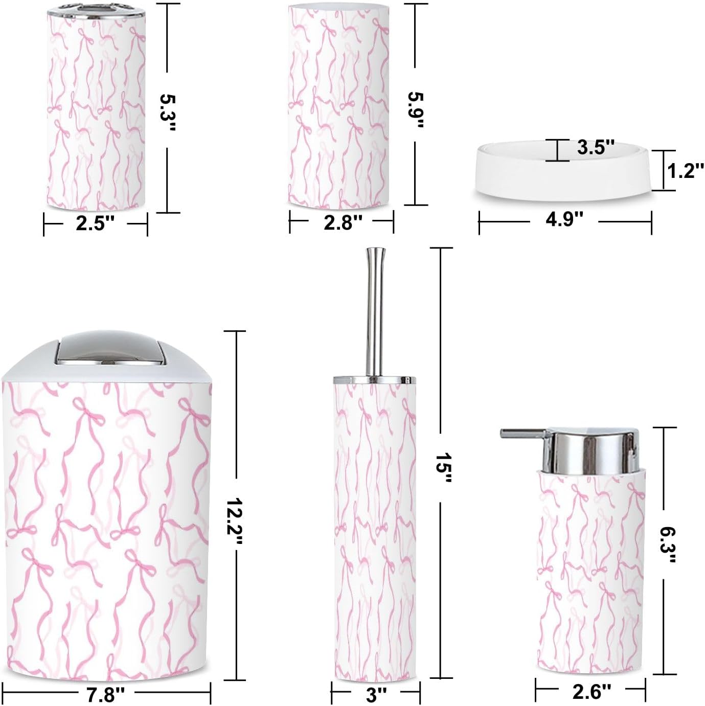 6 Piece Bathroom Accessories Set in Elegant Pink and White