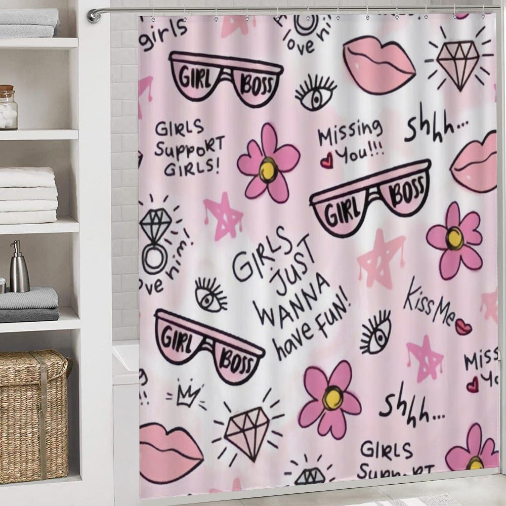 Kuizee 4-Piece Shower Curtain Set with Pink Flower Doodle Rugs