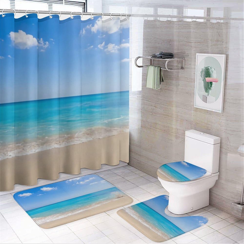 Kuizee 4 Piece Shower Curtain Set with Rugs 72x72 Inch 1