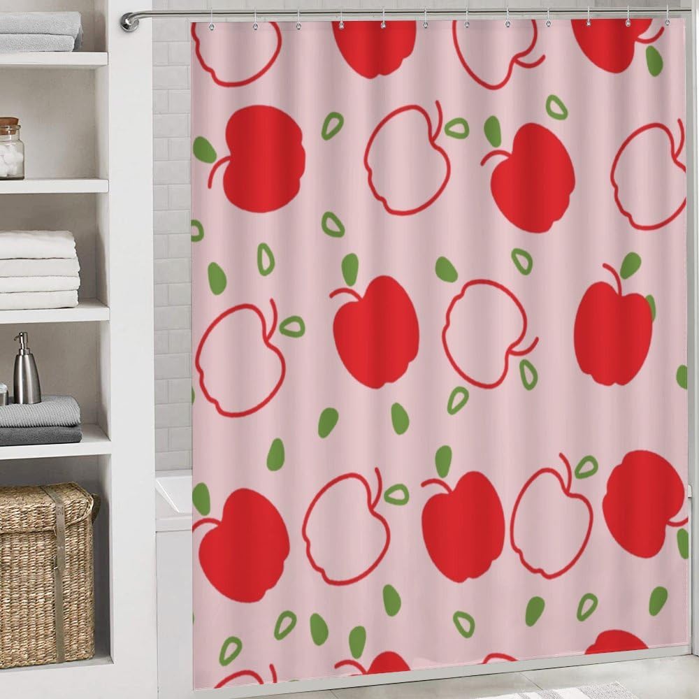 Kuizee 4-Piece Shower Curtain Set with Non-Slip Rugs - Apple Fruit Pink