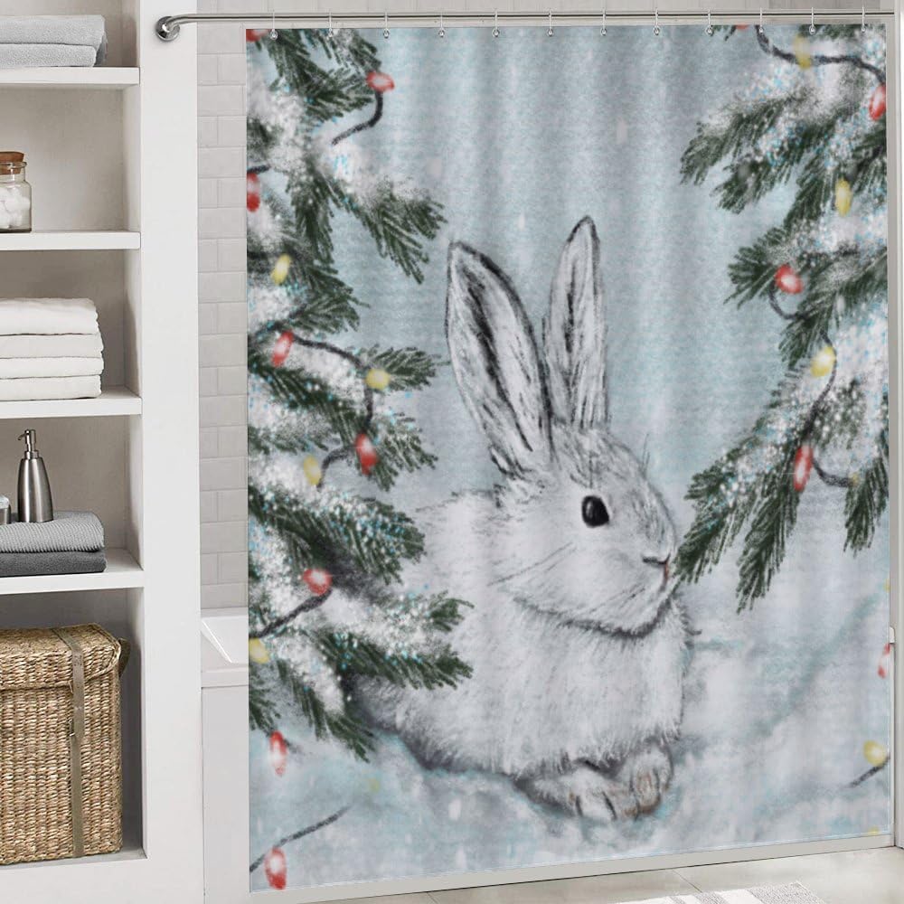Kuizee 4 Piece White Hare Snow Shower Set with Rugs and 12 Hooks