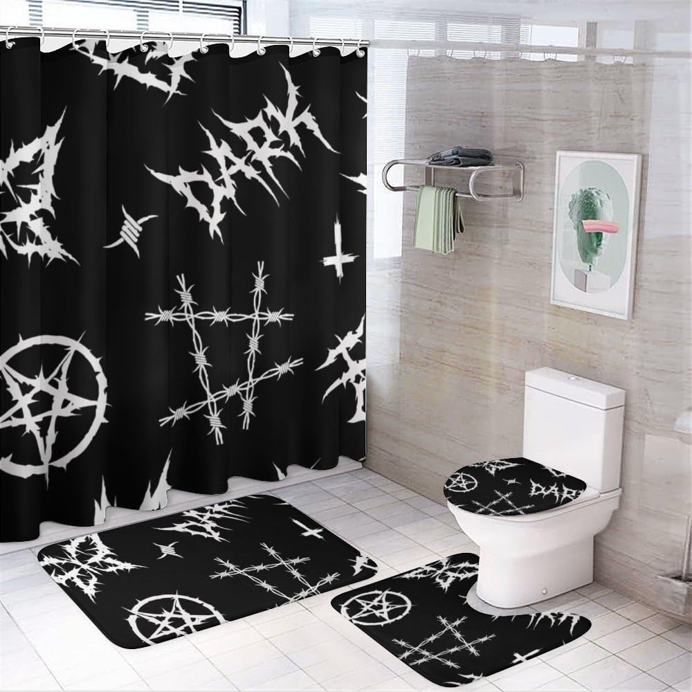 Kuizee 4-Piece Shower Curtain Set with Rugs Grunge Gothic Doodle Style