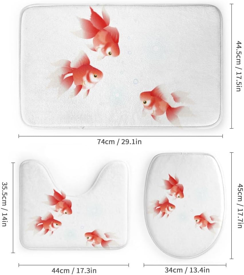 Kuizee 4-Piece Shower Curtain Set with Rugs Red Goldfish Design