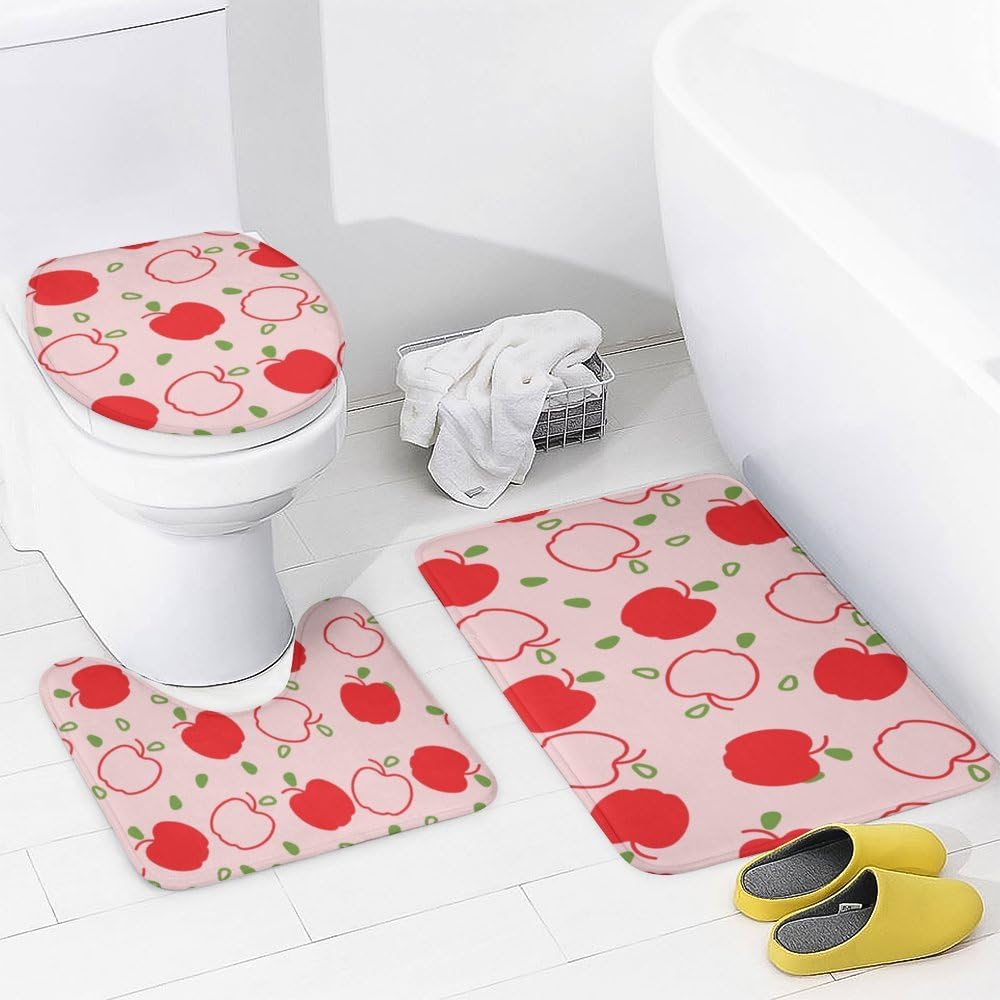 Kuizee 4-Piece Shower Curtain Set with Non-Slip Rugs - Apple Fruit Pink