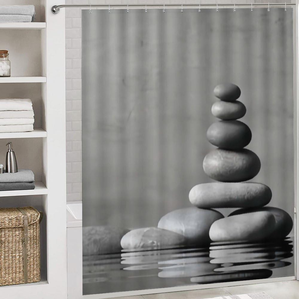 Kuizee 4-Piece Grey Shower Curtain Set with Non-Slip Rugs