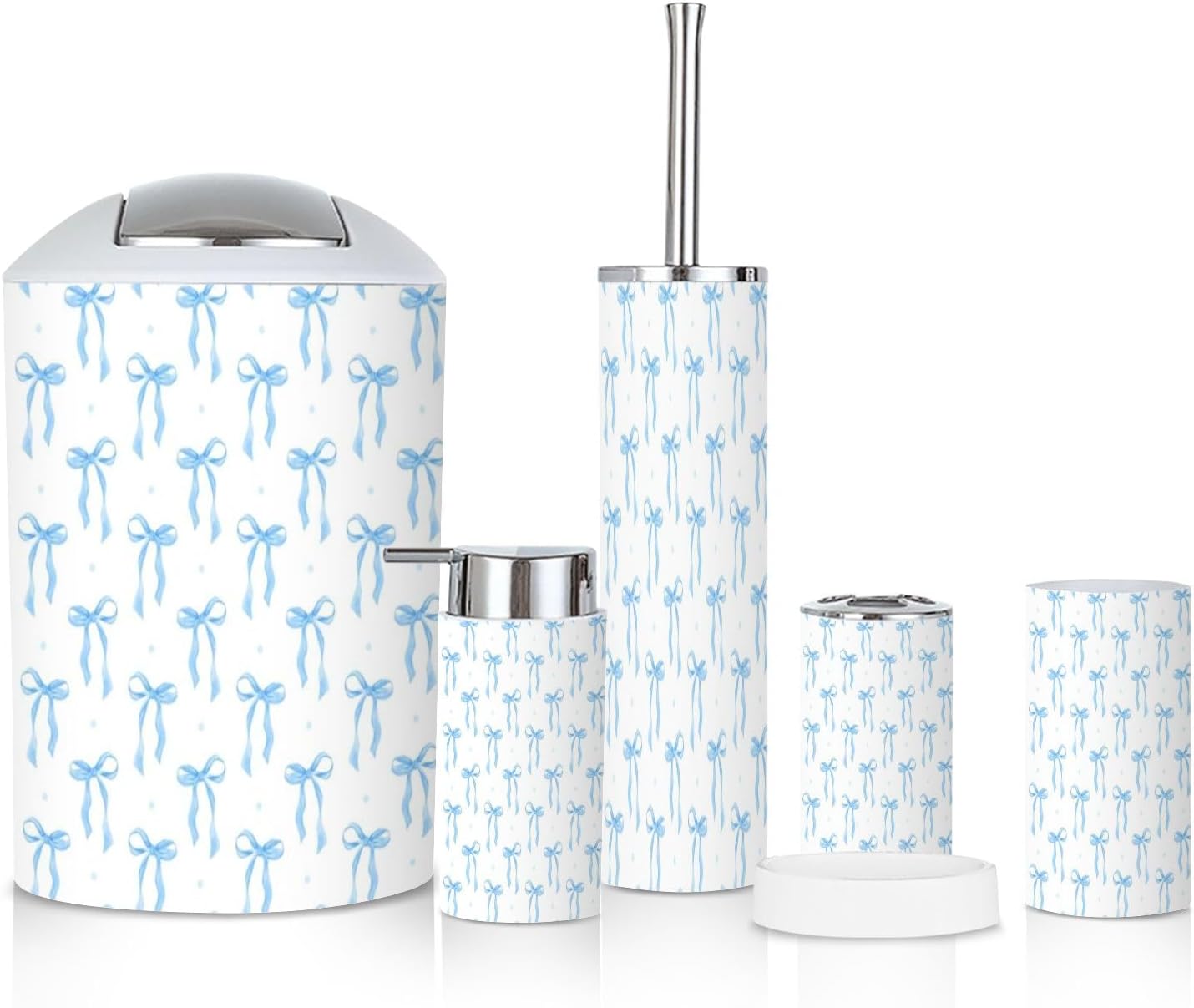 Coquette 6-Piece Bathroom Accessories Set with Blue Ribbon Bow Design
