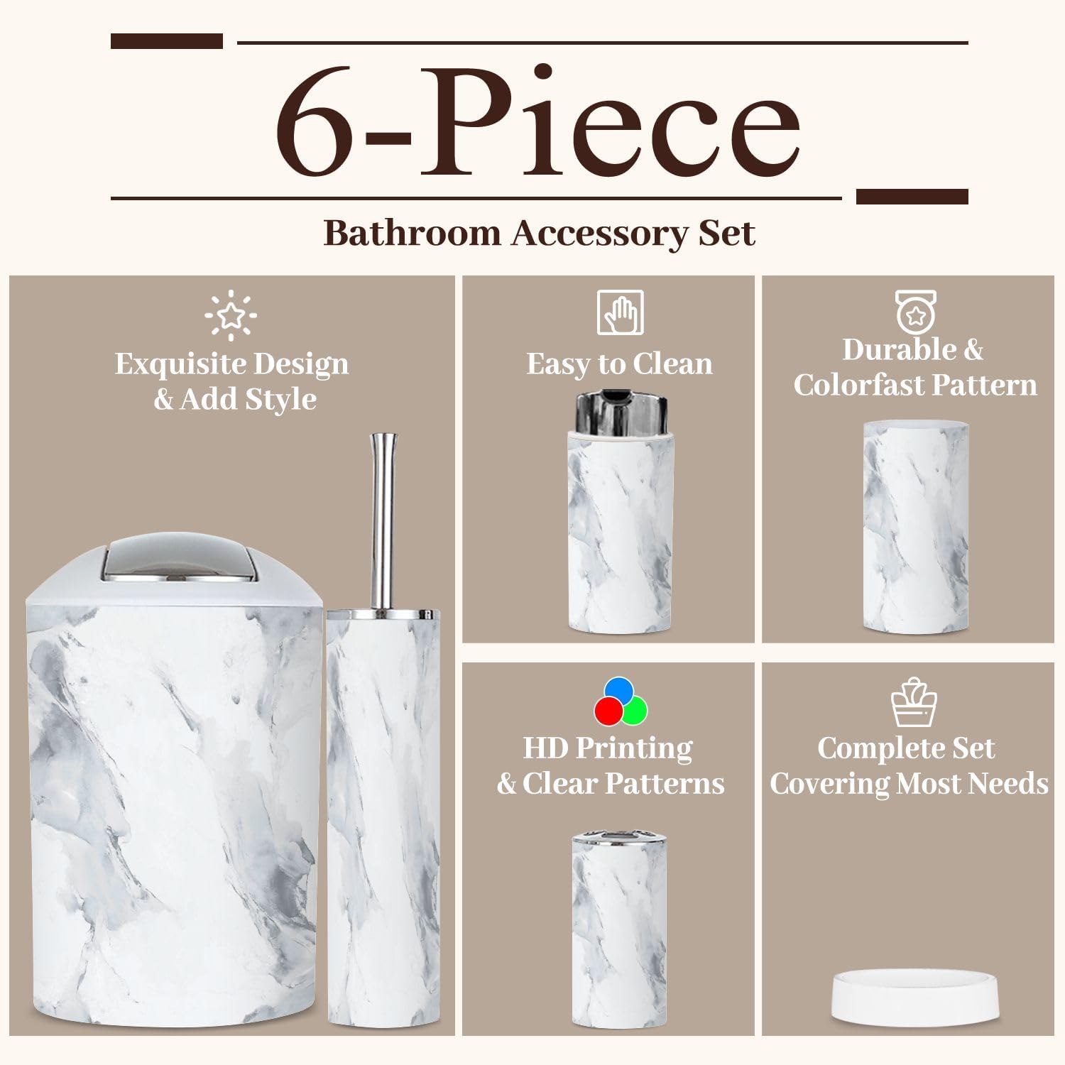 6 Piece Grey Marble Bathroom Accessories Set