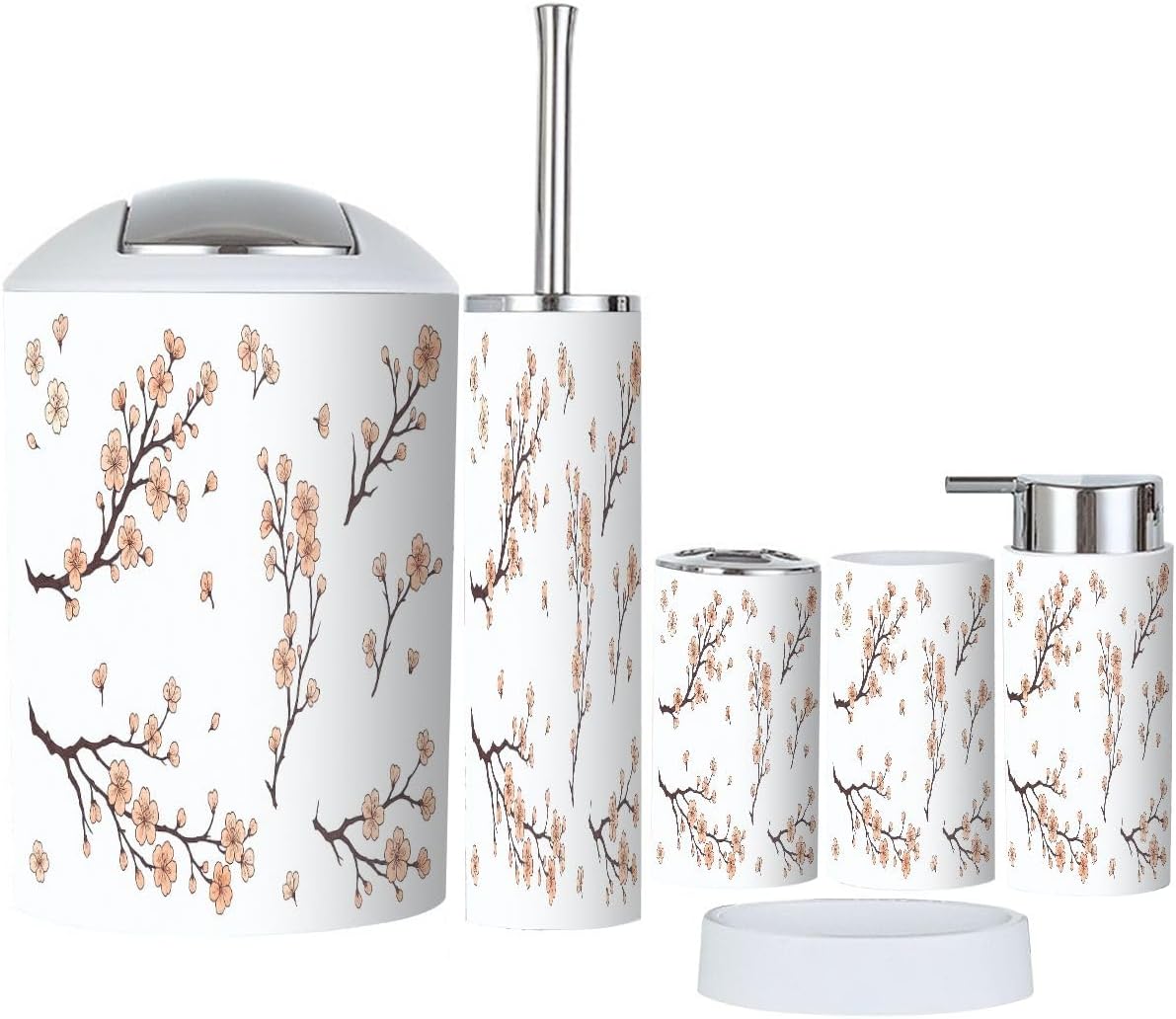 TRANQDEHOM 6-Piece Bathroom Accessory Set with Cherry Blossom Design