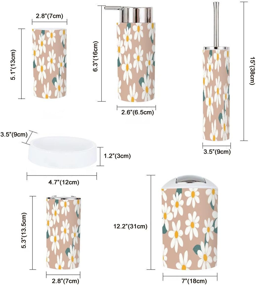 Boho Daisy Trash Can Bathroom Accessories Set 6 Piece