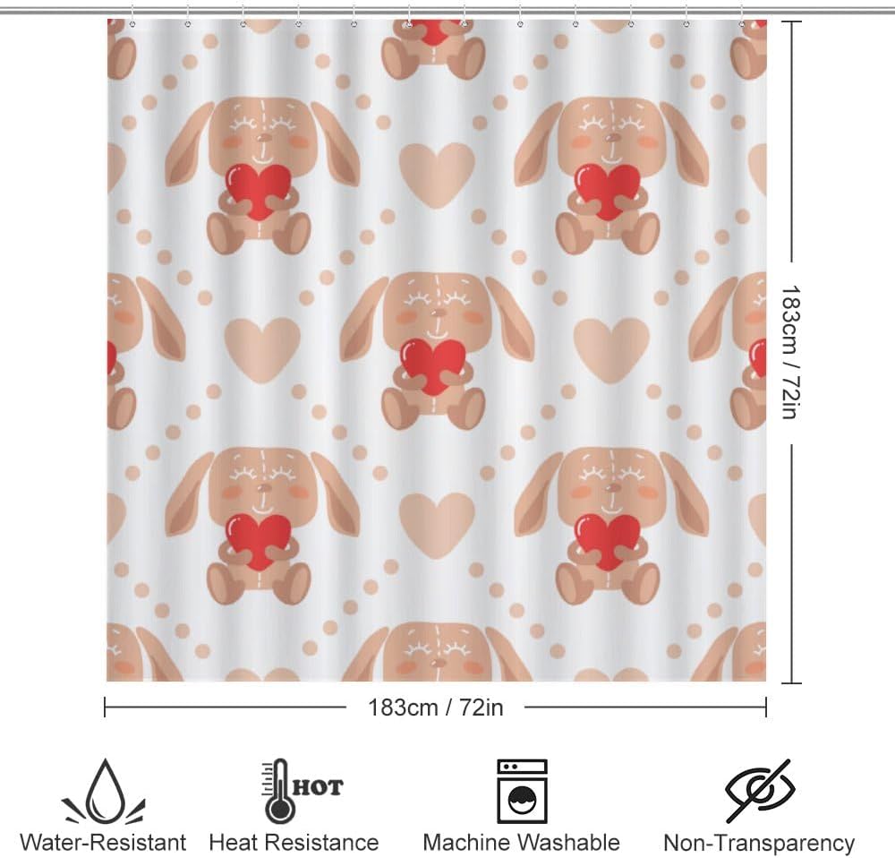 Kuizee Bunny Heart Shower Curtain Set with 4 Piece Rugs