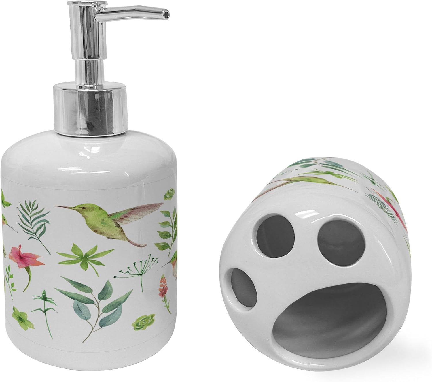Ambesonne Hummingbird Soap Dispenser Toothbrush Holder Set 2 Pcs White Apple Green