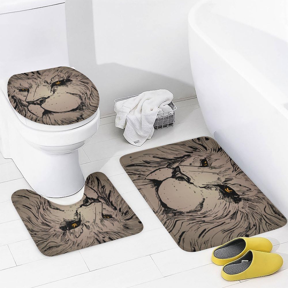Kuizee 4 Piece Grunge Abstract Lion Shower Curtain Set with Non-Slip Rugs