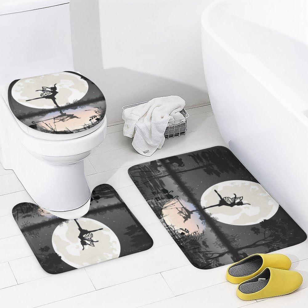 Kuizee 4 Piece Fairy Moon Shower Curtain Set with Non-Slip Rugs