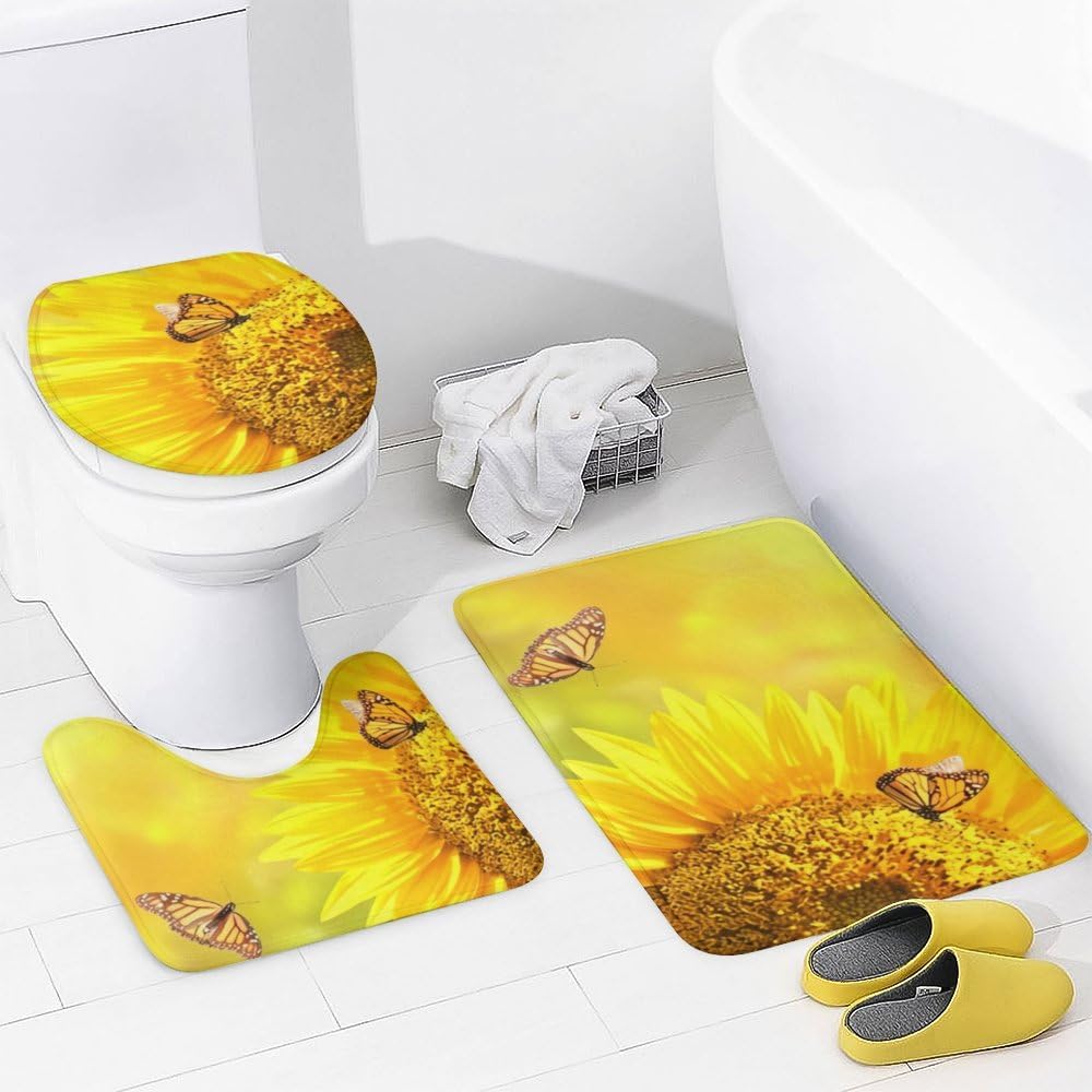 Kuizee 4 Piece Shower Curtain Set with Rugs Sunflower Monarch Butterflies