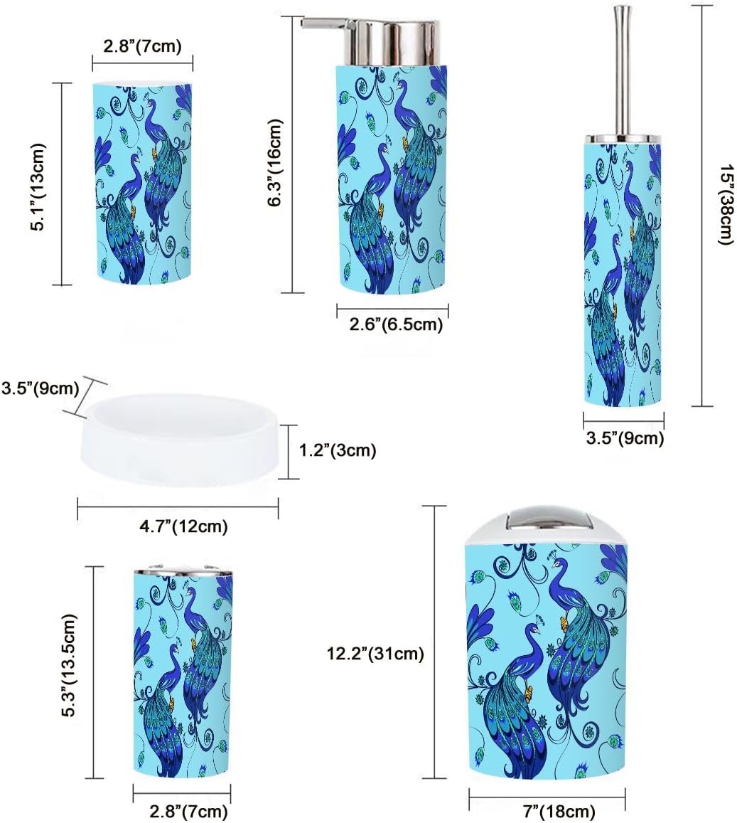 Modern Blue Magic Peacocks Bathroom Accessories Set 6 Pcs