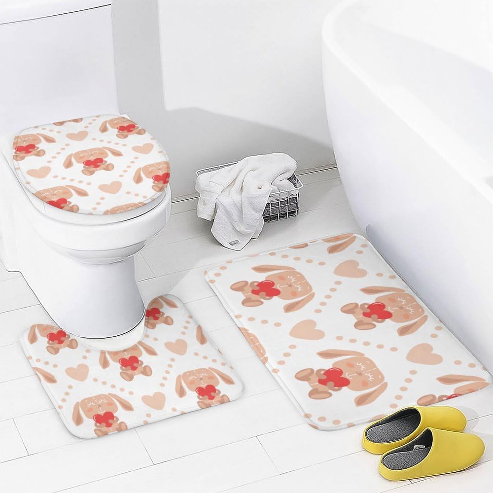 Kuizee Bunny Heart Shower Curtain Set with 4 Piece Rugs