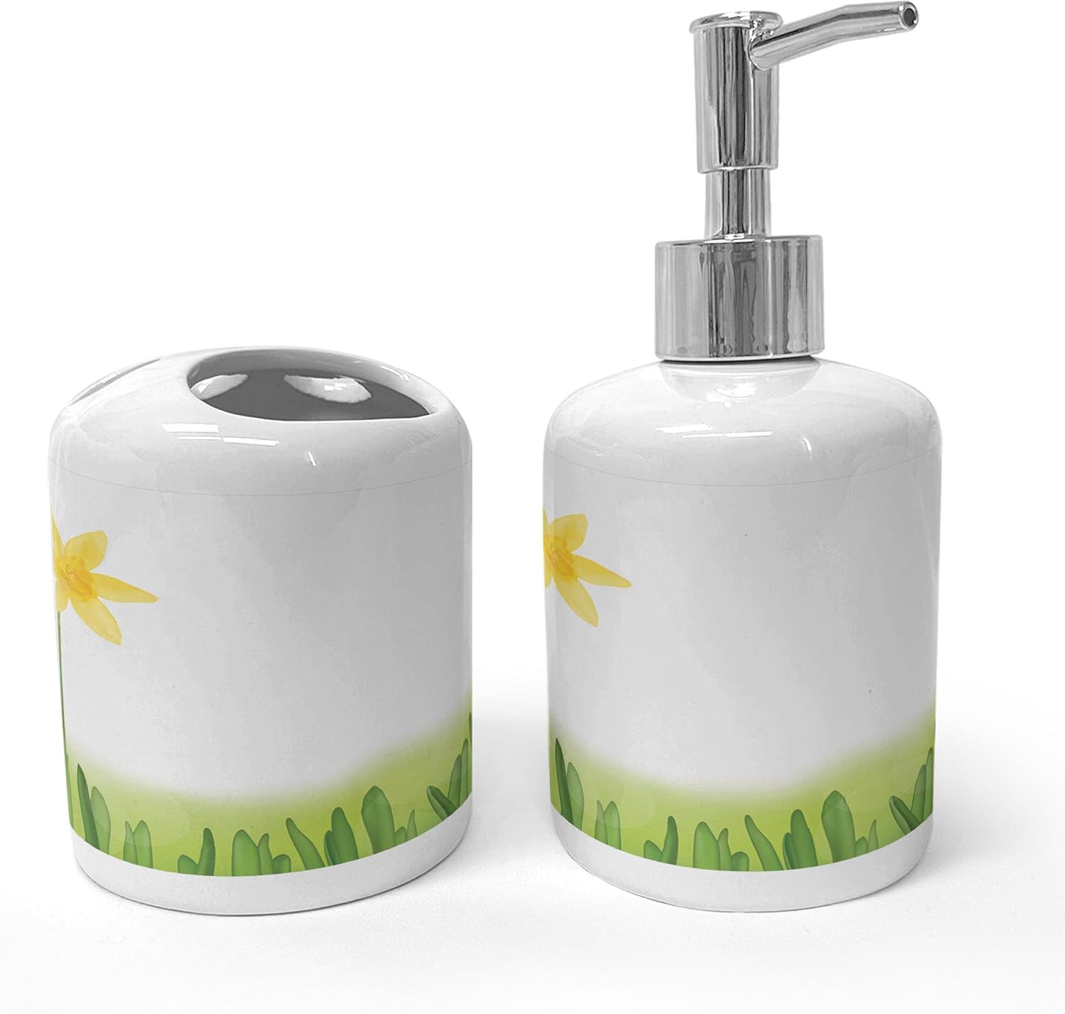 Ambesonne Daffodil Ceramic Soap Dispenser Toothbrush Holder Set