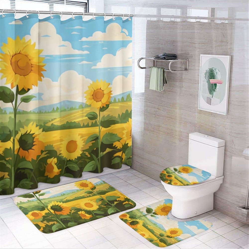 Kuizee 4-Piece Shower Curtain Set with Rugs Sunflower Field