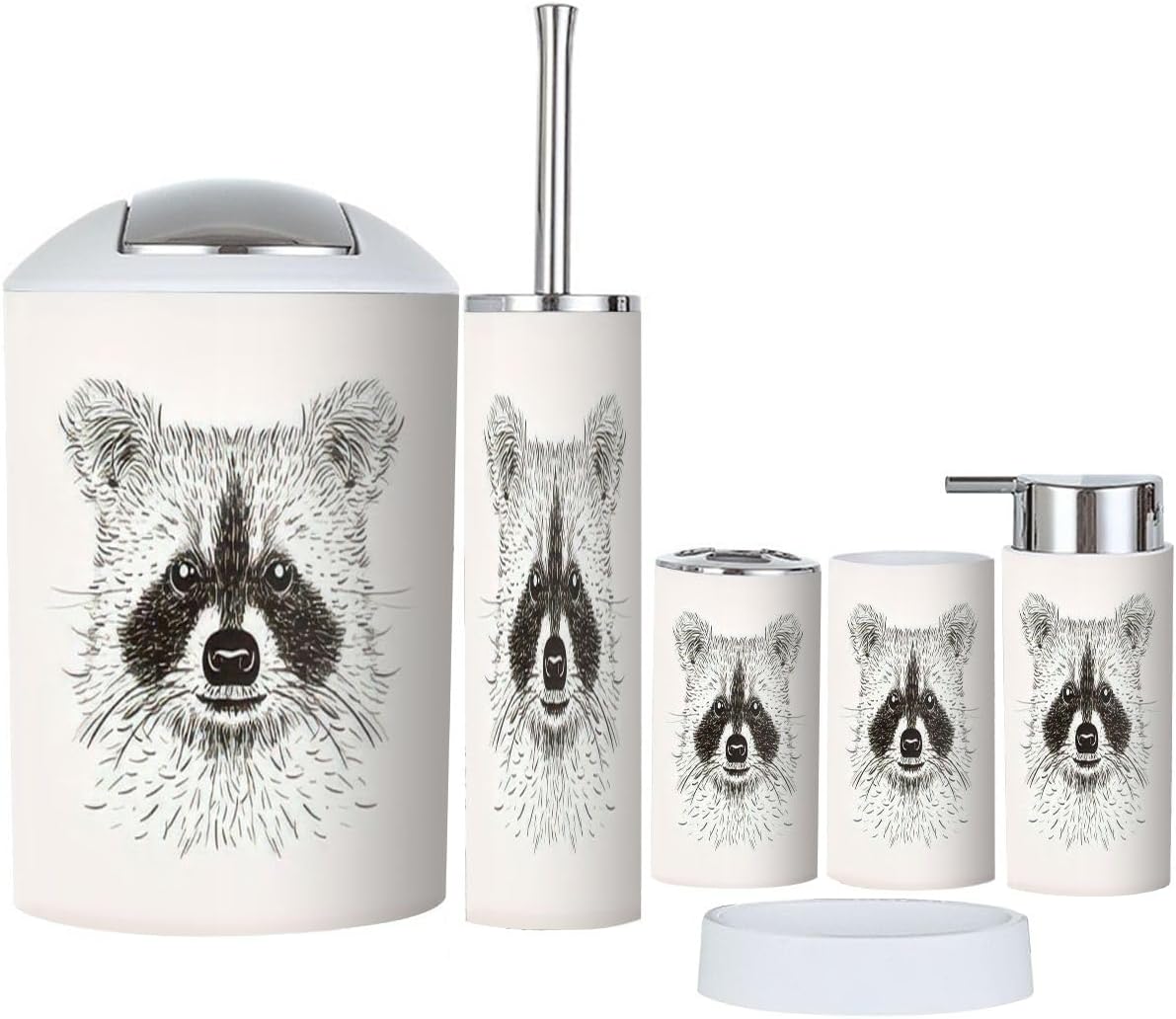 Bathroom Accessories Set 6 Pcs Raccoon Face Design