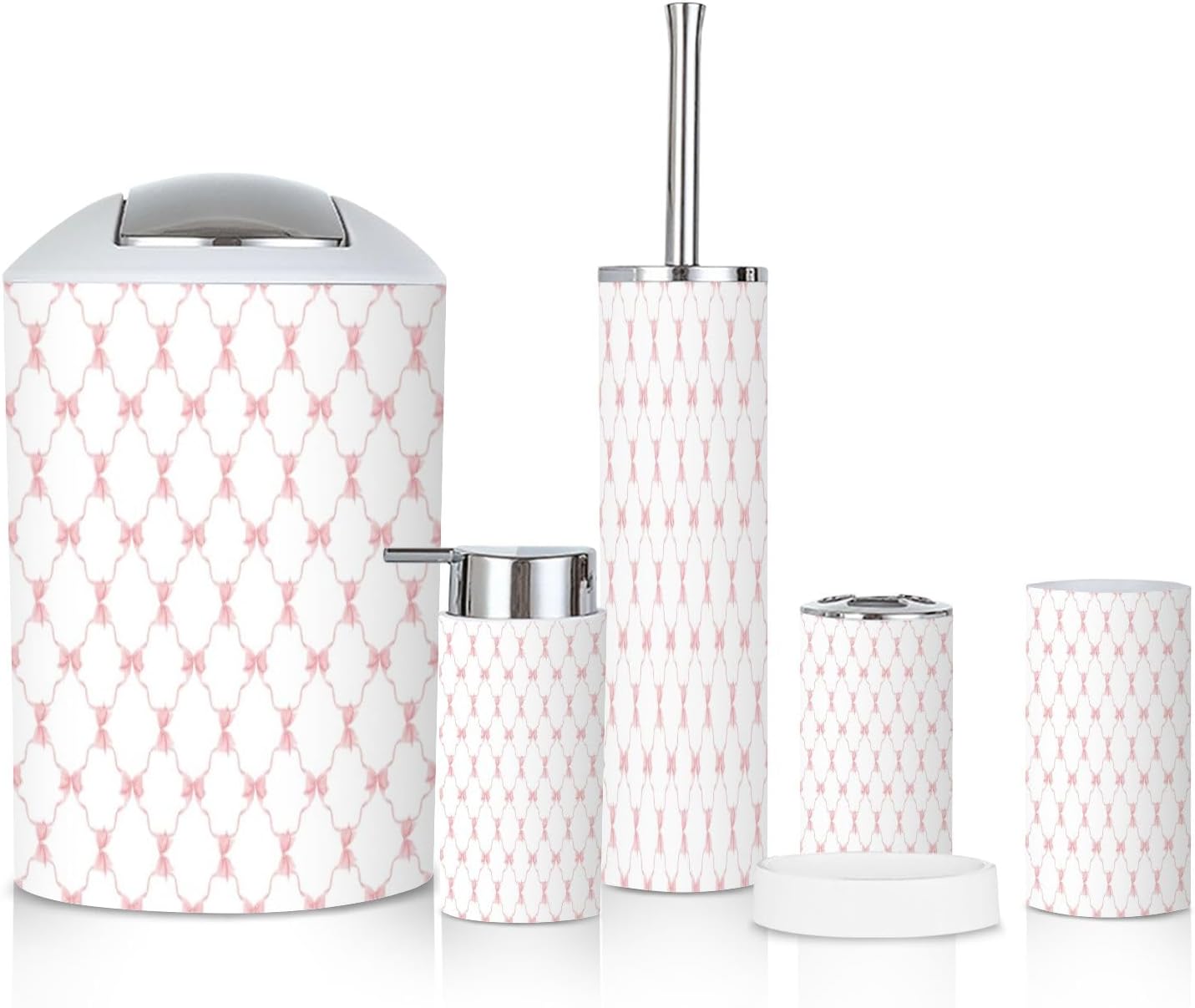 6 Piece Boho Bathroom Accessories Set with Pink Trellis Design