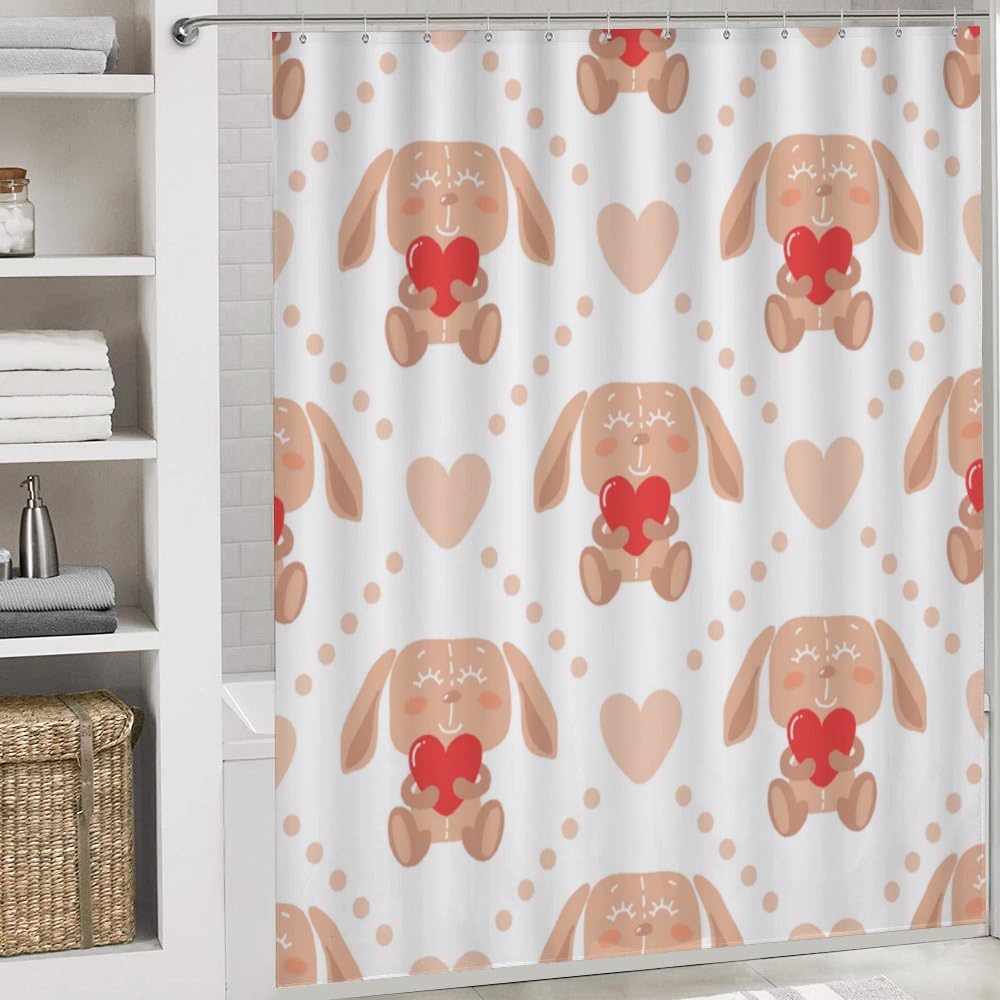 Kuizee Bunny Heart Shower Curtain Set with 4 Piece Rugs