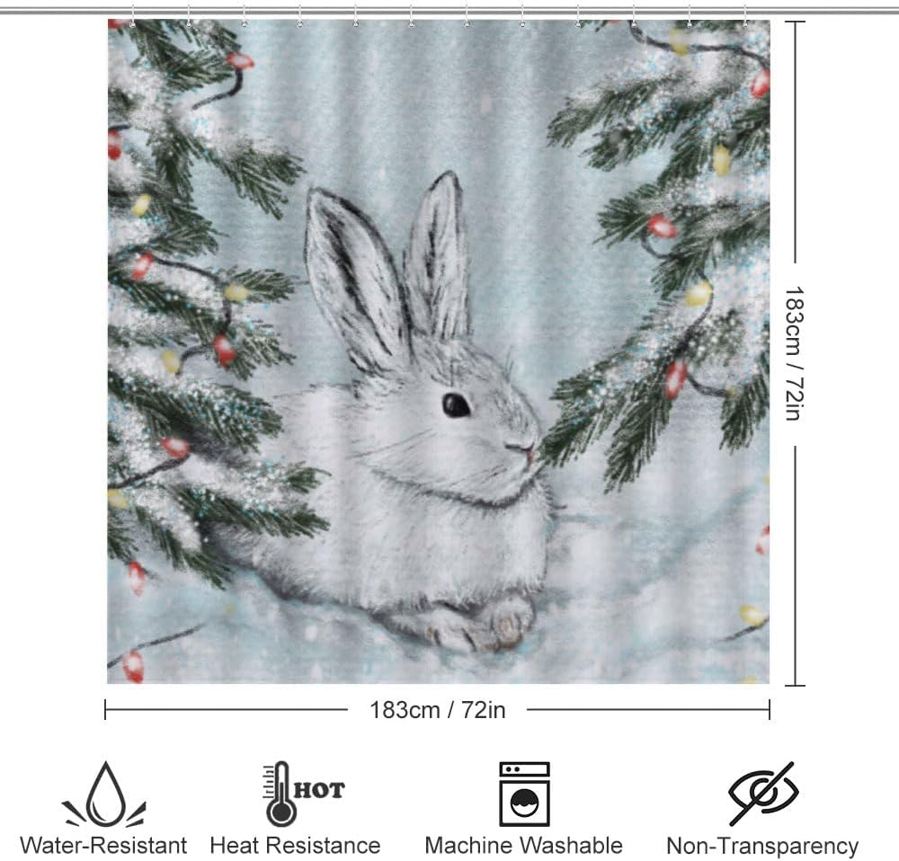 Kuizee 4 Piece White Hare Snow Shower Set with Rugs and 12 Hooks