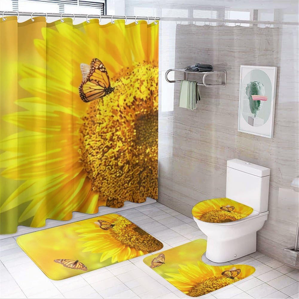 Kuizee 4 Piece Shower Curtain Set with Rugs Sunflower Monarch Butterflies