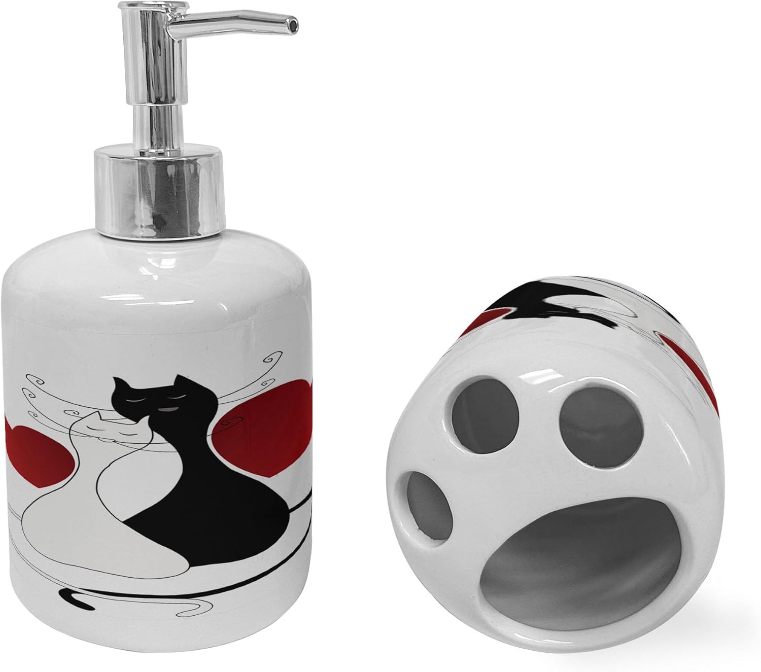 Ambesonne Romantic Cats Soap Dispenser Toothbrush Holder Set