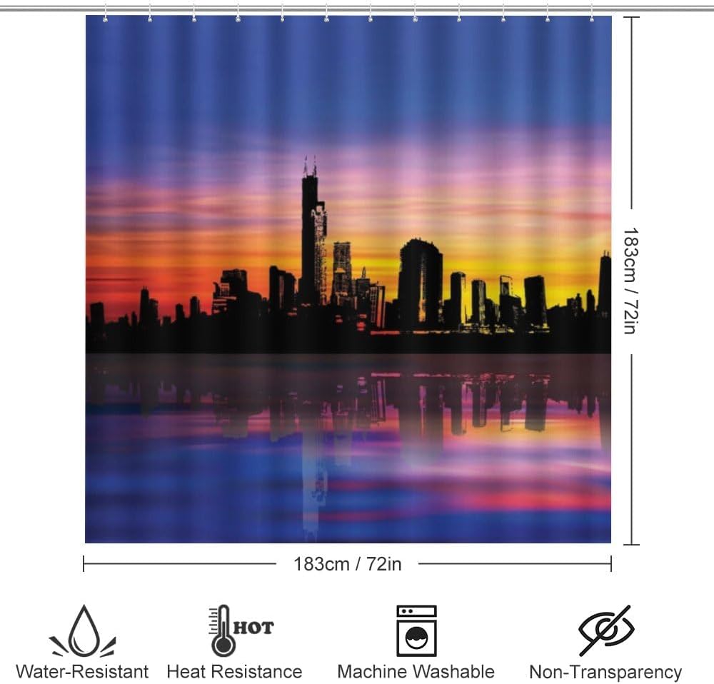 Kuizee 4-Piece Shower Curtain Set with Rugs Modern City Sunset Silhouette