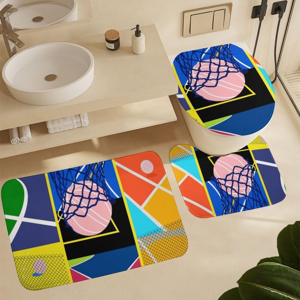 Kuizee 4-Piece Basketball Court Shower Curtain Set with Rugs