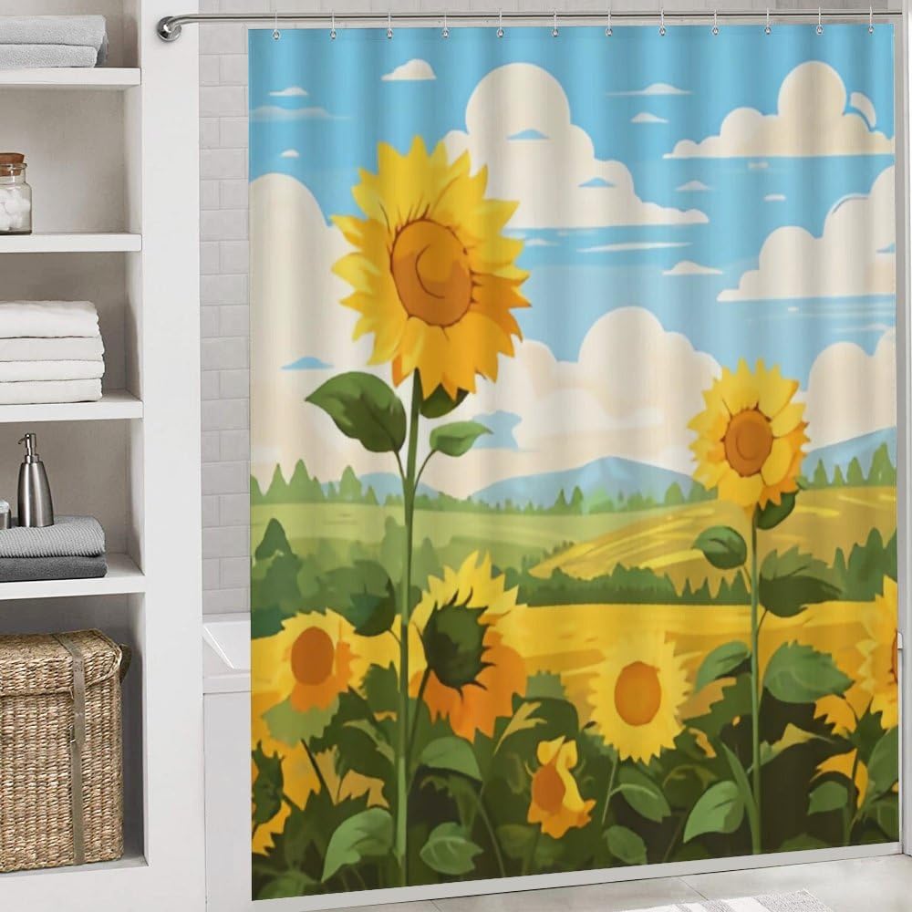 Kuizee 4-Piece Shower Curtain Set with Rugs Sunflower Field