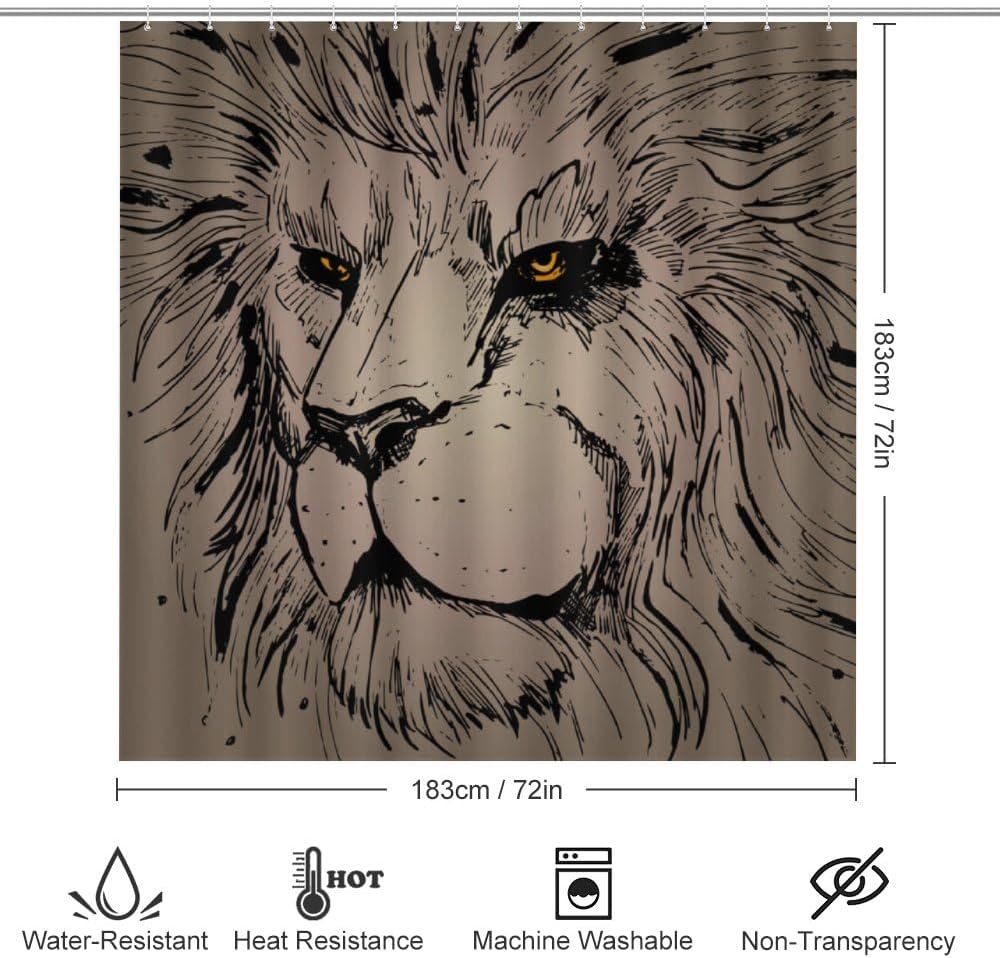 Kuizee 4 Piece Grunge Abstract Lion Shower Curtain Set with Non-Slip Rugs