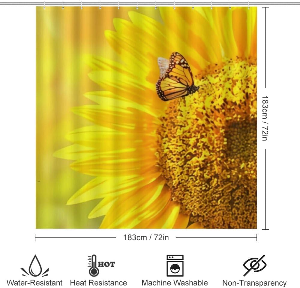 Kuizee 4 Piece Shower Curtain Set with Rugs Sunflower Monarch Butterflies
