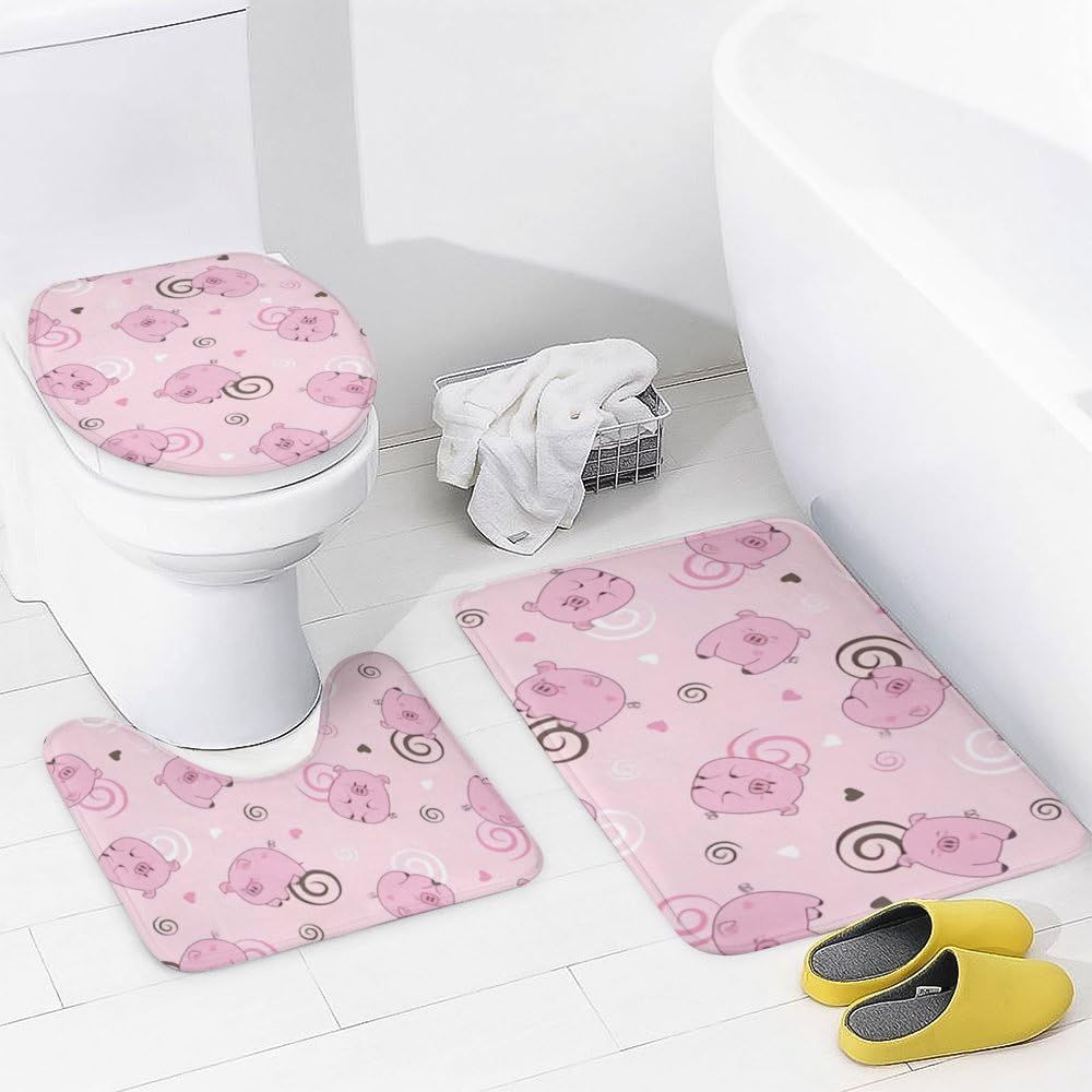 Kuizee 4-Piece Pig Spiral Pink Shower Curtain Set with Non-Slip Rugs