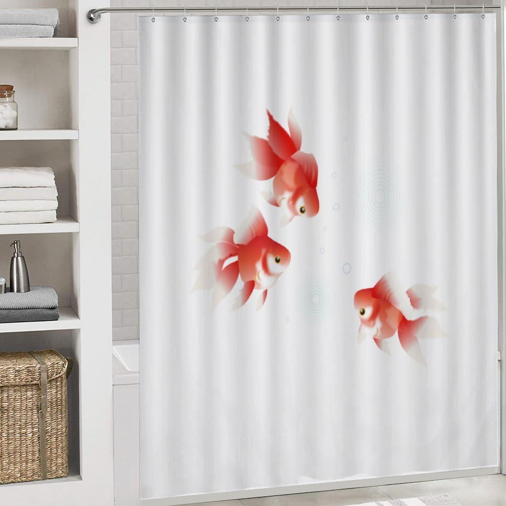 Kuizee 4-Piece Shower Curtain Set with Rugs Red Goldfish Design