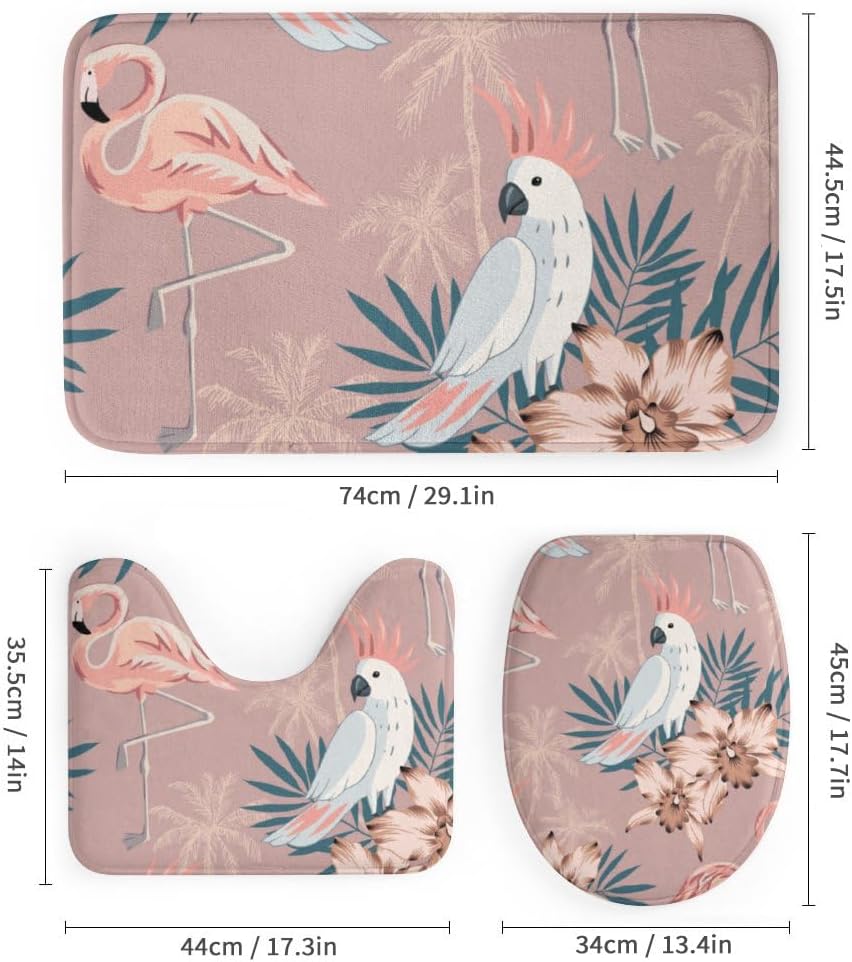 Kuizee Tropical Pink Flamingo Shower Curtain Set with Rugs 4 Pieces