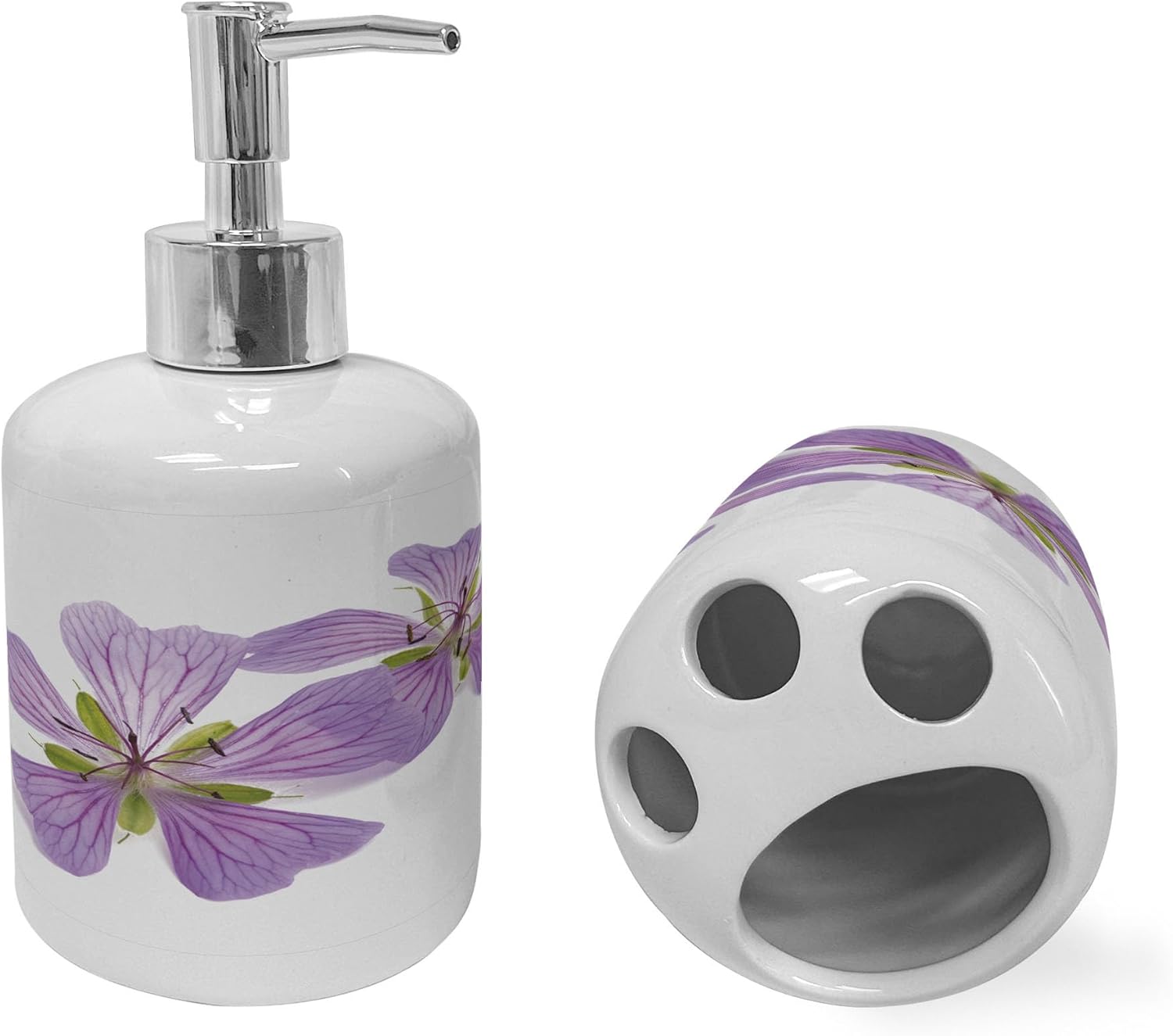 Ambesonne Geraniums Soap Dispenser Toothbrush Holder Set - 2 Pcs White Lavender