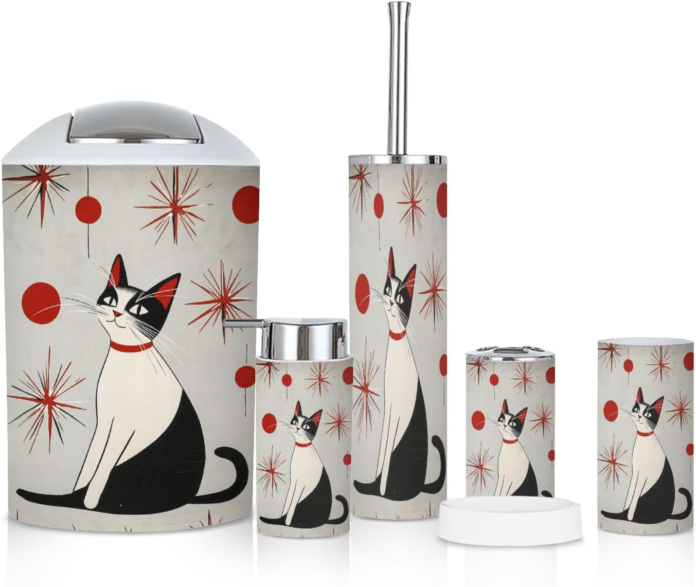 6 Piece Bathroom Accessories Set with Cats Print 1