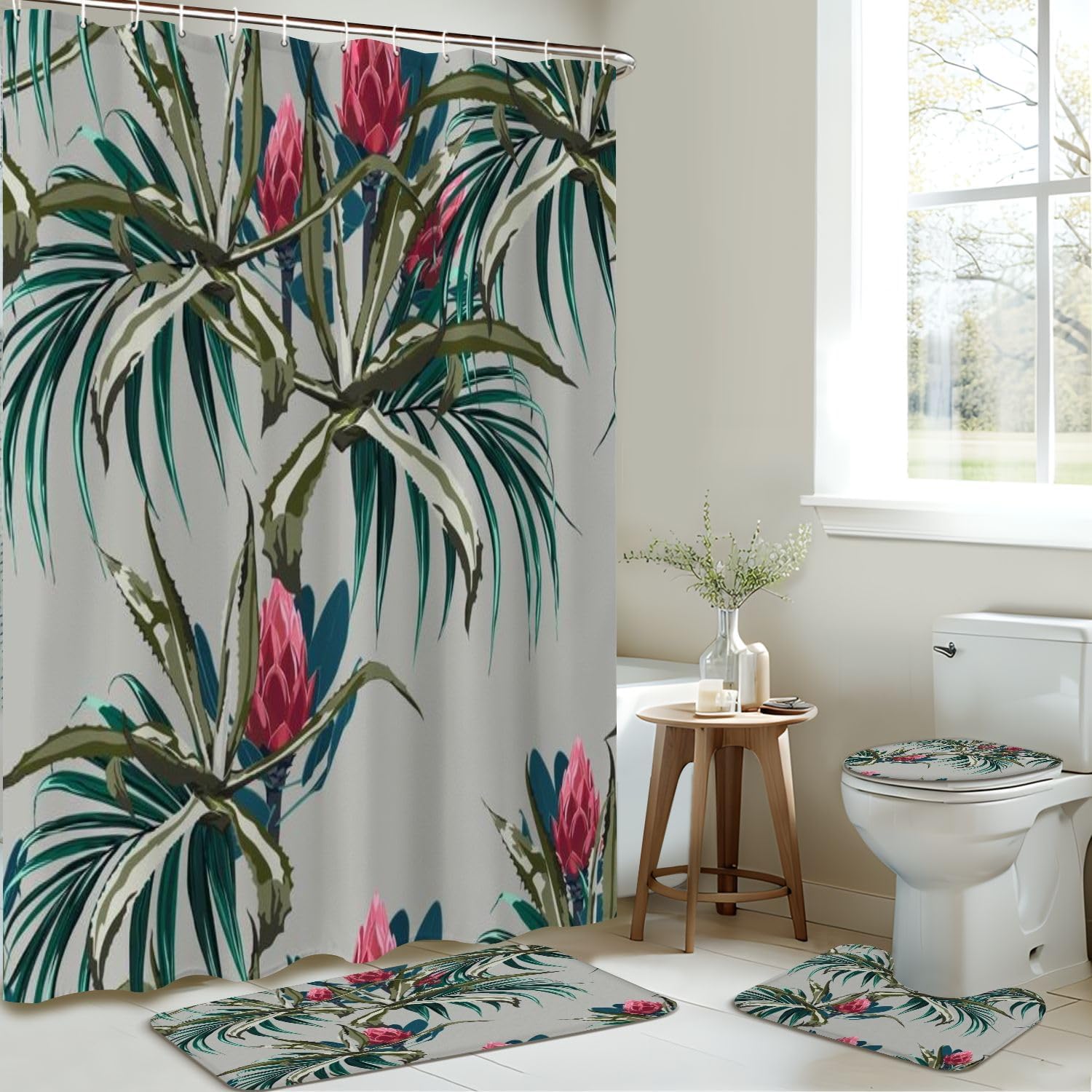 JCOOKLOFTS 4-Piece Shower Curtain Set with Floral Pattern